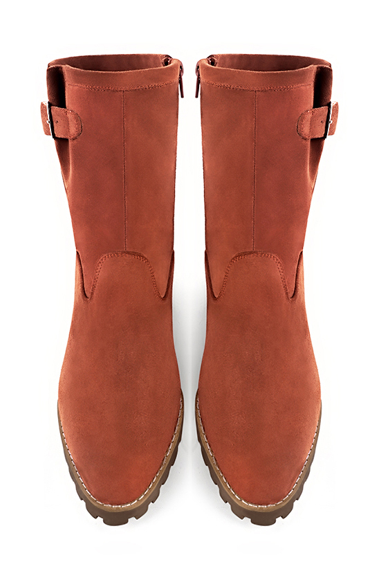 Terracotta orange women's ankle boots with buckles on the sides. Round toe. Low rubber soles. Top view - Florence KOOIJMAN